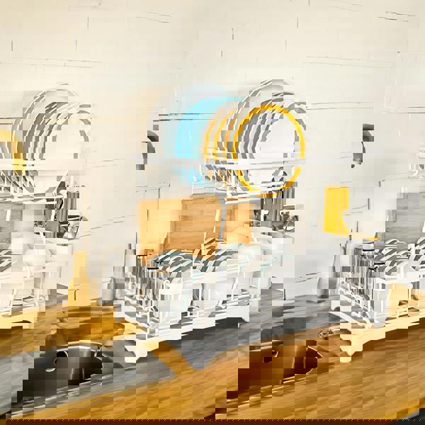 Living and Home 2-Tier Dish Drainer Rack with Kitchen Utensil and Glass Holder - White