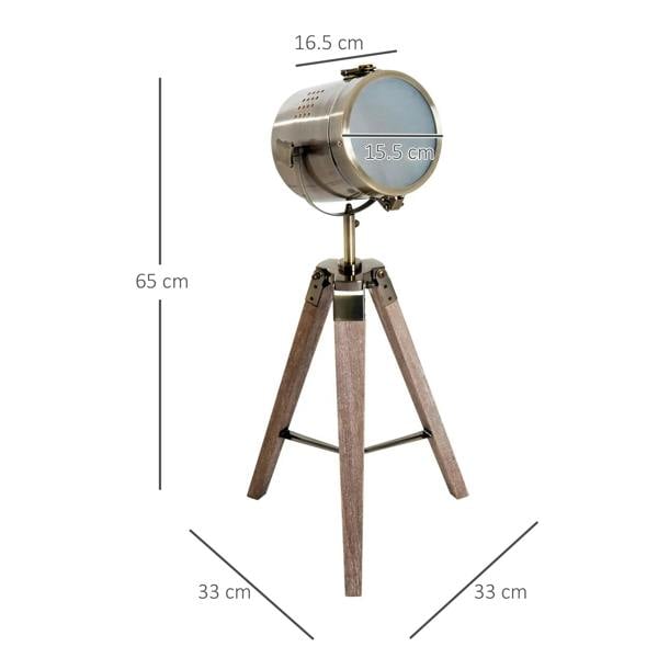 Tripod spotlight desk lamp with metal searchlight head on dark wood stand (dimensions shown)