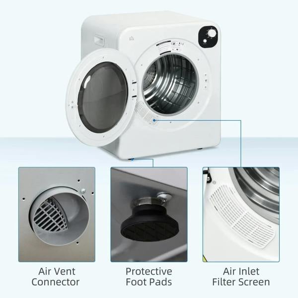White countertop tumble dryer with cutaway parts: air vent connector, protective foot pads