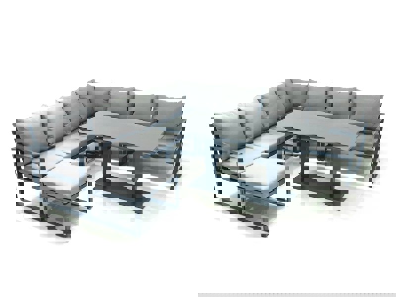 Fimous 8 Seater Outdoor Aluminum Garden Furniture Set Corner Sofa Big Footstool Adjustable Rising Lifting Dining Table Sets Dark Grey