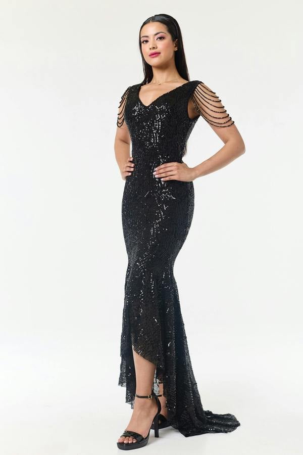 LuvForever Black Jewelled Hi-Lo Sequin Dress