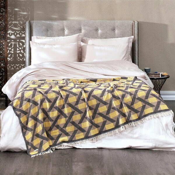 Cotton and Olive Camden Soft Cotton Jacquard Throw, Yellow | SECONDS