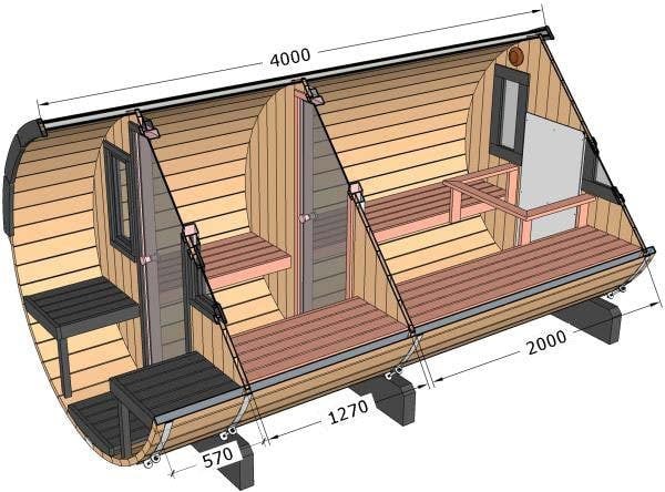 400cm Spruce Barrel Sauna | Thermowood | Terrace | Wood-Fired or Electric.
