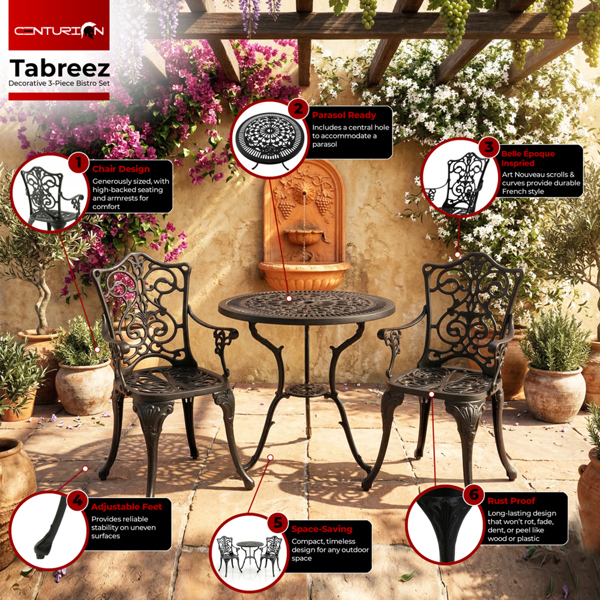 Centurion Supports TABREEZ Garden and Patio Table and 2 Large Chairs with Armrests Cast Aluminium Bistro Set - Black