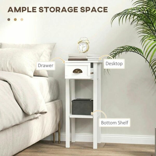2-Tier Side Tables Set of 2 with Drawer and Shelf, 2 Pieces Bedside Tables for Living Room and Hallway, White