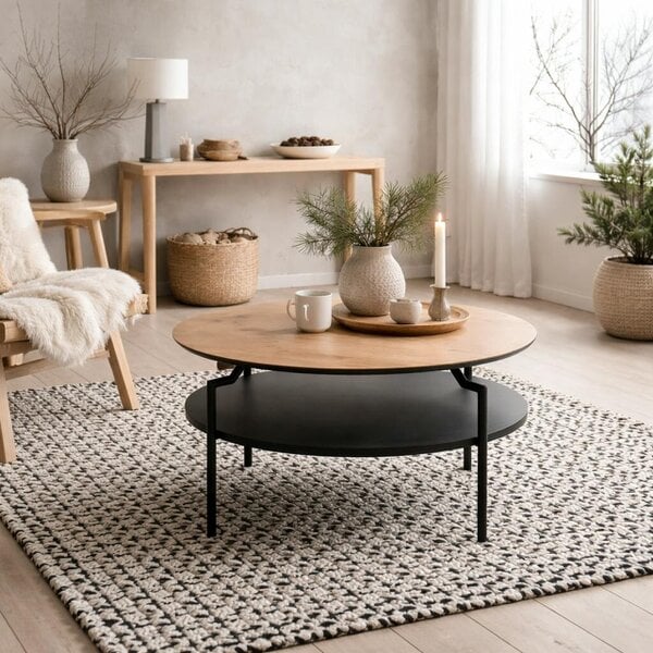 Wyld Haus Fuglebjerg Round Coffee Table Oak Top Black Metal Legs Bottom Shelf