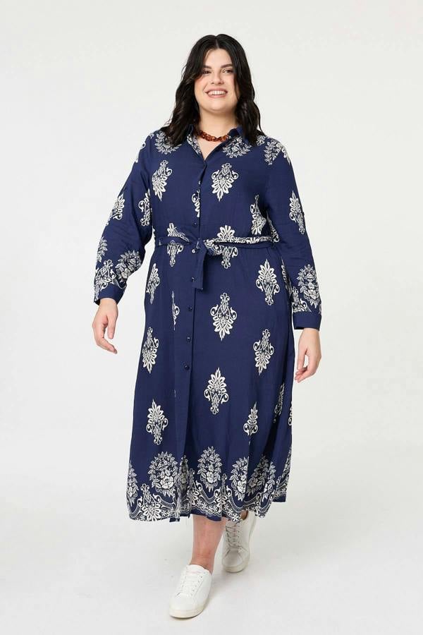 Navy | Curve Baroque Print Maxi Shirt Dress