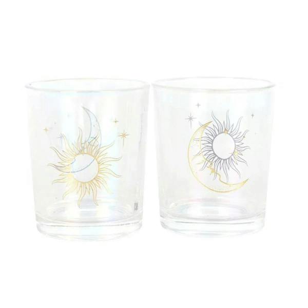 Clear glass votive holders featuring gold sun and moon with star sparkles