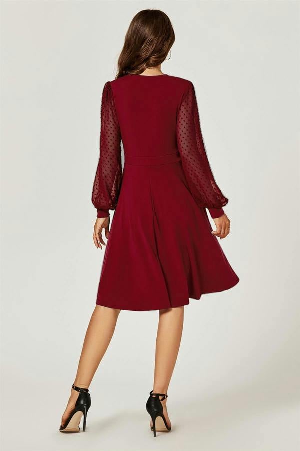 FS Collection Long Sleeve Pleated Detail Midi Dress In Dark Red