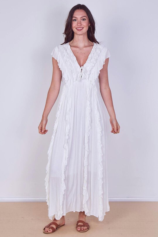 Elaina Fashion Boho Ruffle Detail Maxi Dress with Tie Neck – One Size (UK 8–14)