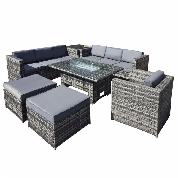 Oseasons Malta Rattan 9 Seat Rising Firepit Corner Set in Grey Walnut with 2 Footstools