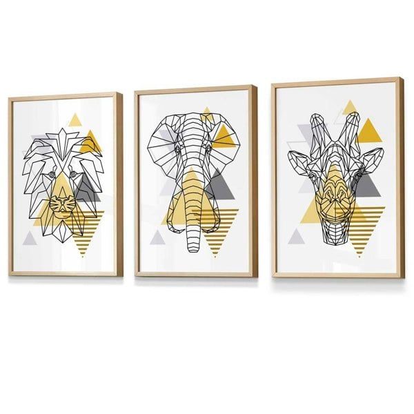 Artze Wall Art Yellow Geometric Giraffe Lion Elephant Set of 3 Framed Wall Art