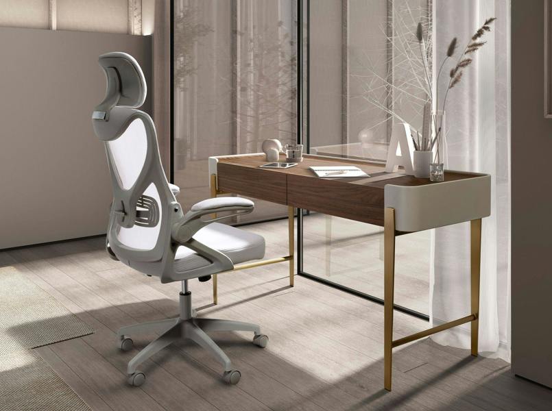 Angel Cerdá Desk in Walnut, Beige and Golden Polished Steel 7186