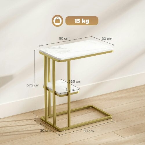 Wyld Haus Neso Metal And Wooden White Marble Grain Slim C Shaped Side Table With 2 Tier Storage