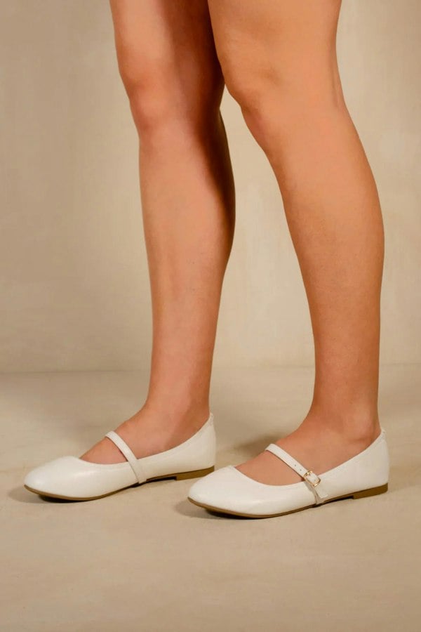 Where's That From Josie Wide Fit Ballerina Flats With Strap Detail in White Faux Leather