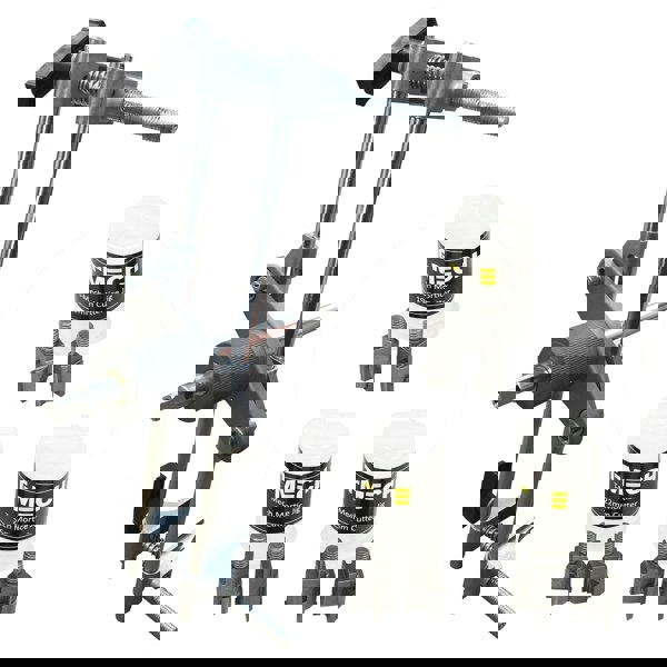 T-Mech Mortice Jig with adjustable clamps, metal construction, and three 22mm cutters for precise mortising tasks