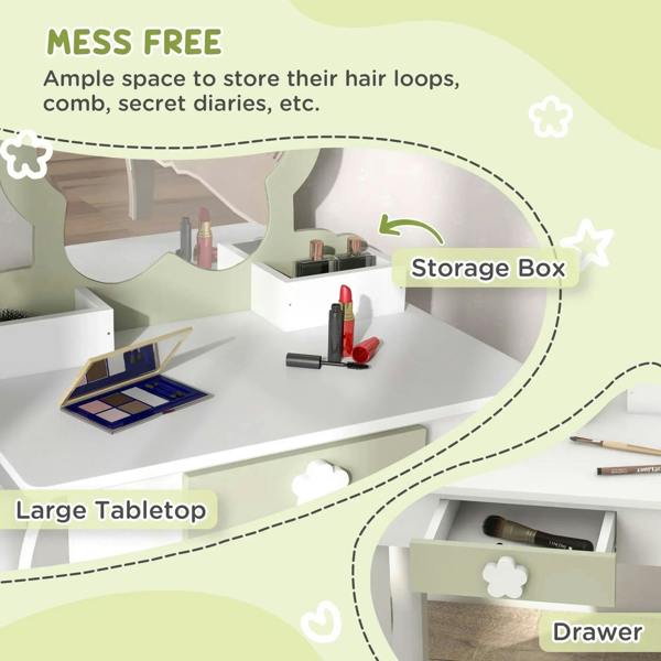 Kids vanity table with large tabletop, open storage box, and front drawer for accessories