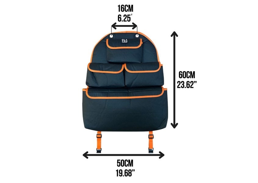 The Rear Single Seat Storage Organiser infographic depicting the sizes of the organiser.