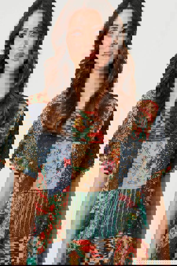 Green | Patchwork Print Short Sleeve Shift Dress