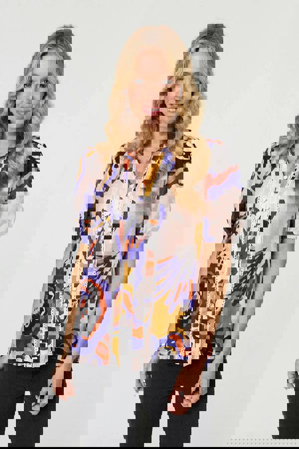 Pink | Abstract Lace Short Puff Sleeve Shirt