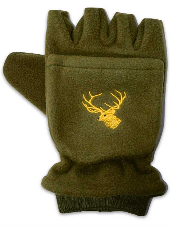 Dark green fleece shooting mittens with Stag Head embroidery with mitten flap for fingertip coverage