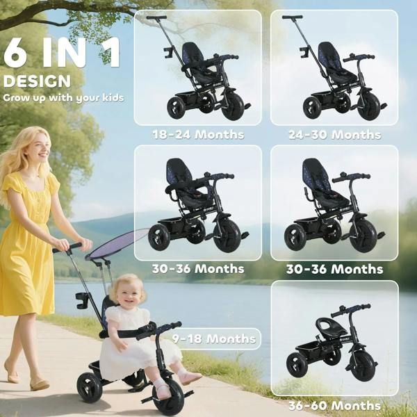 Dark blue kids 6-in-1 tricycle with adjustable seat positions and canopy