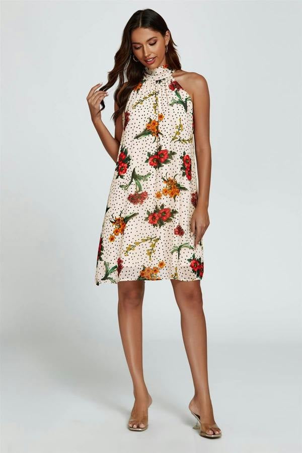 FS Collection Floral Print Halter Neck Tie Back Mini Dress In Off White