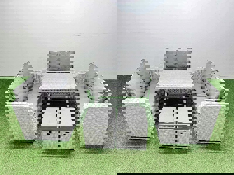 Fimous Rattan Garden Furniture Dining Set 8 seater Patio Rectangular Table Love Sofa Set with 2 Small Stools