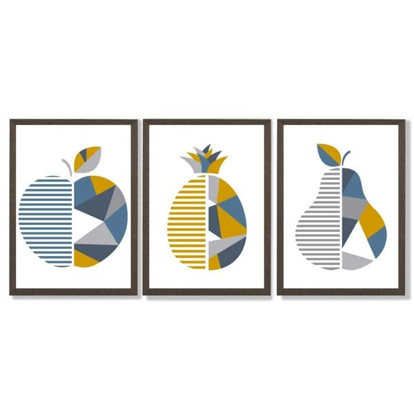 Artze Wall Art Set of 3 Blue & Yellow Geometric Fruit Framed Prints
