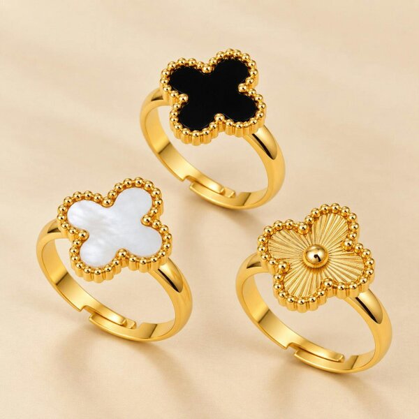 The Colourful Aura Gold Tone Four Leaf Clover Adjustable Ring, Black, White or Gold