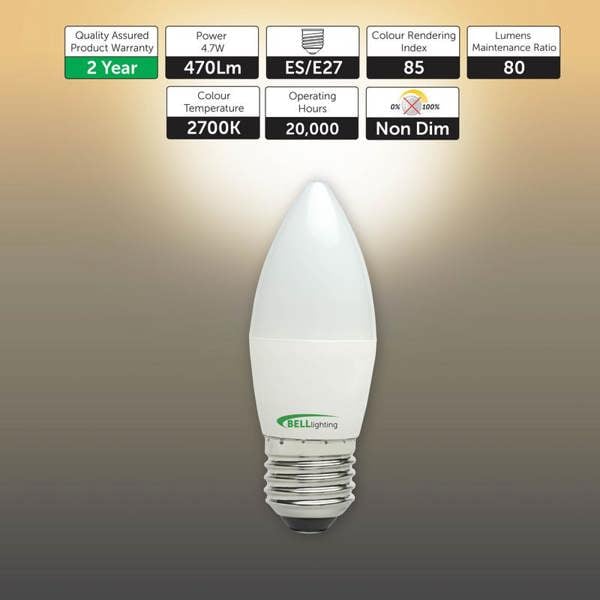 BELL Lighting E27 Edison Screw LED Candle 4.7W Energy Saving Light Bulbs