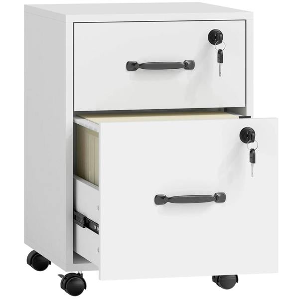 White mobile file cabinet with two drawers, black handles and caster wheels, key lock.