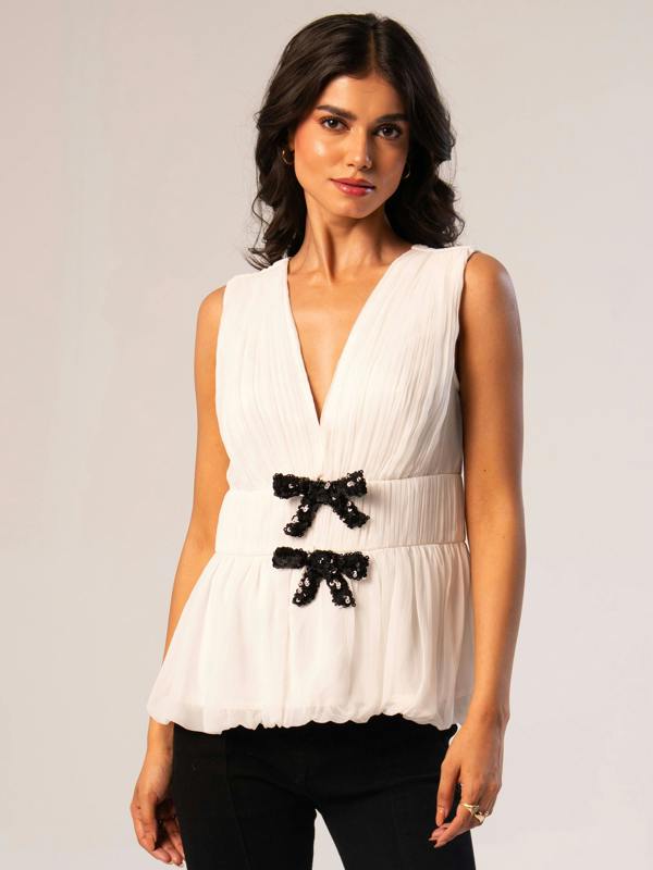 Rose & Nancy Anais Cream Sleeveless Embellished Bow Top&nbsp;