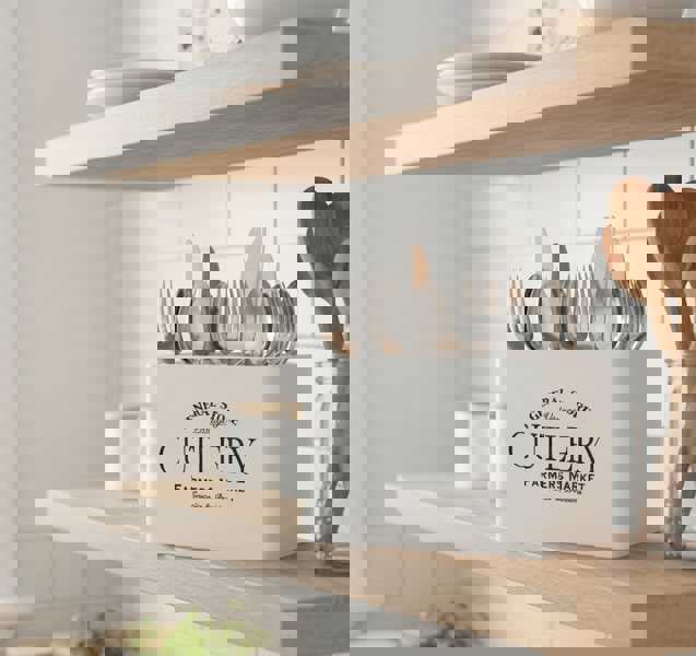 Maison des Cadeaux White Farmhouse Cutlery Caddy with Vintage Print