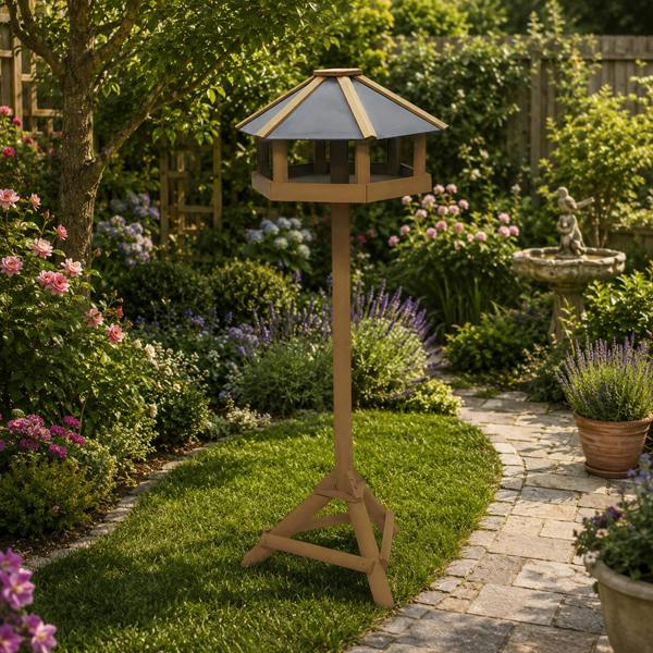 Gr8 Garden Hexagonal Wooden Bird Feeding Station Table with Roof Outdoor Garden Bird Feeder Stand