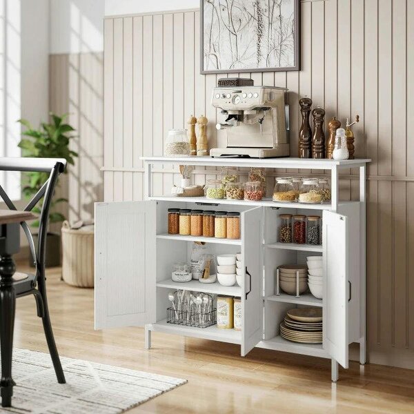 Industrial Kitchen Sideboard with Open Shelf, 2 Cabinets, Adjustable Shelves for Living Room, Dining Room, White
