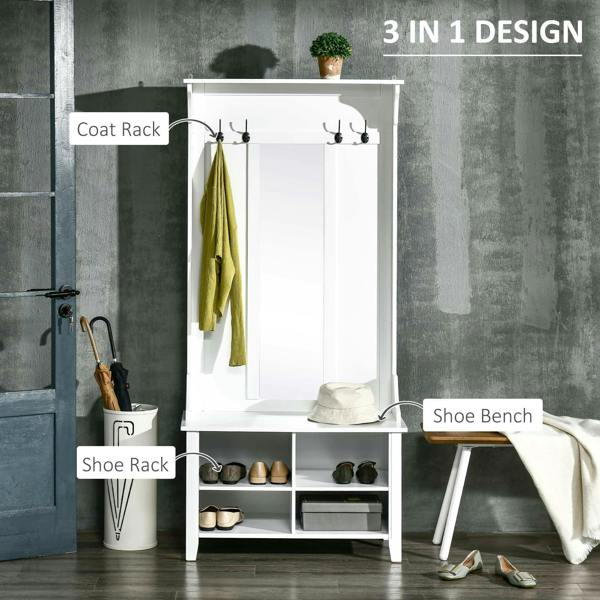 White coat rack mirror cabinet with shoe bench seating and open cubby storage