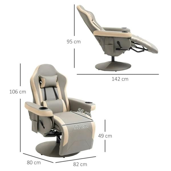 Grey recliner armchair with dimensions callouts and adjustable leg rest