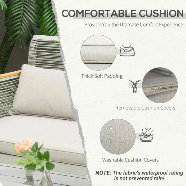 Beige patio cushion with thick padding and removable cover on grey rattan seating