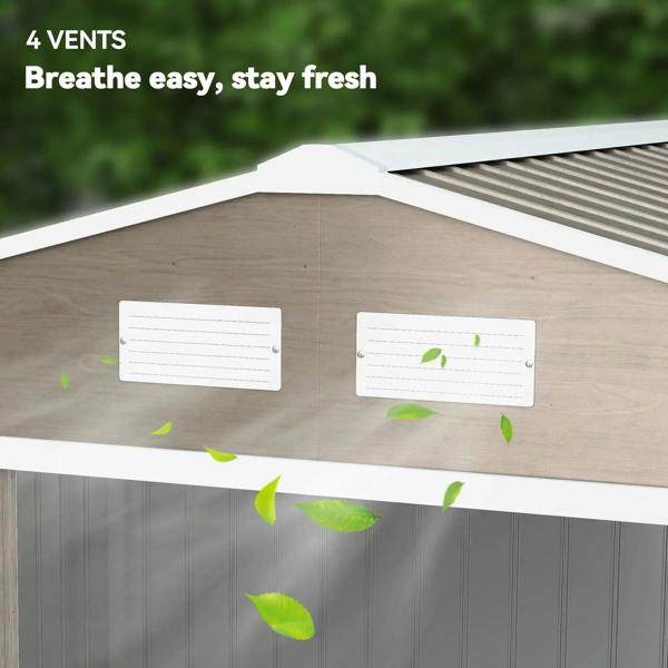 Brown metal shed roof with vent openings under the gable