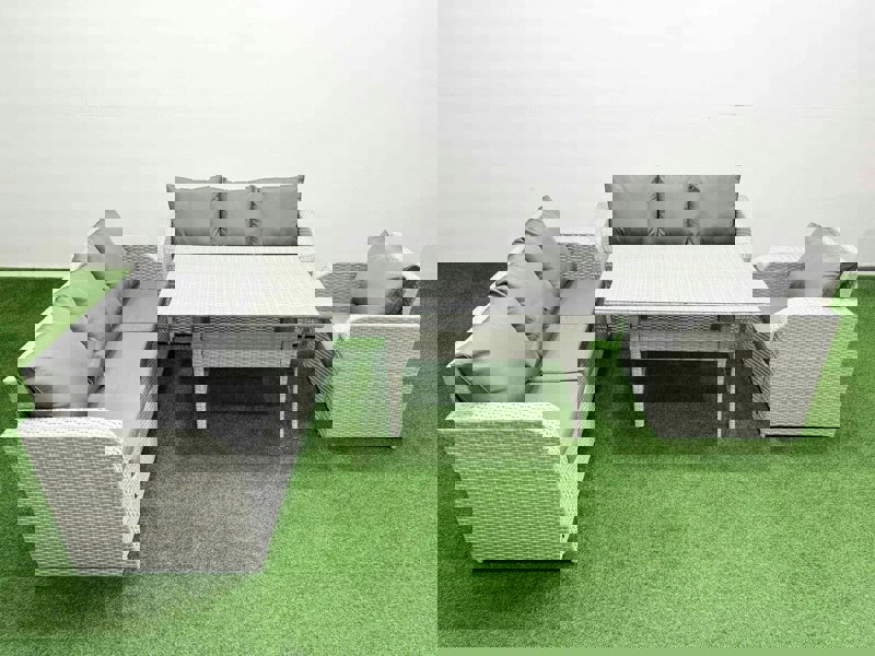 Fimous 7 Seater Poly Rattan Outdoor Garden Furniture Rectangular Dining Table Sofa Set Patio 3 Seater Sofa Reclining Chair 3 Seater Sofa Light Grey