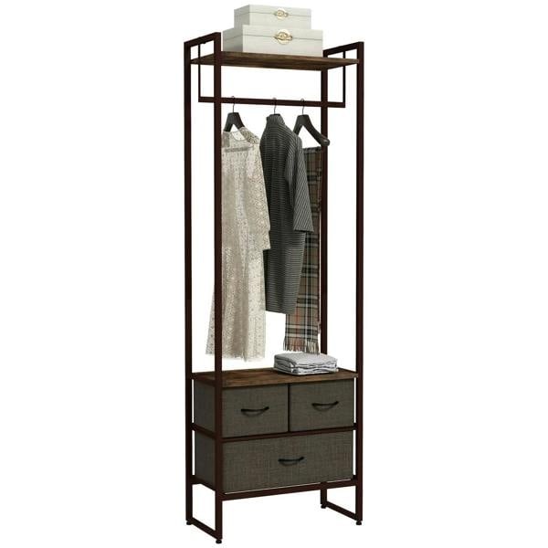 Compact clothes rack with rustic brown frame, hanging rail, and grey drawer storage