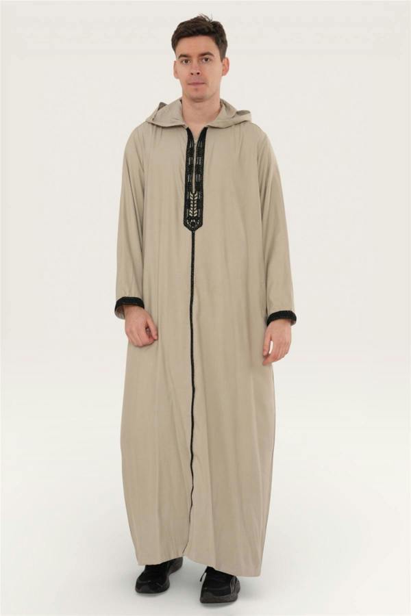 Infinity Leather Men's Hooded Moroccan Embroidery Djellaba Islamic Jubba Robe Eid Ramadan Thobe