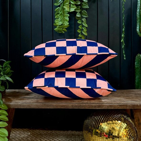 Love Frankie Peach Fuzz Reversible Checkmate & Helter Skelter Cushion