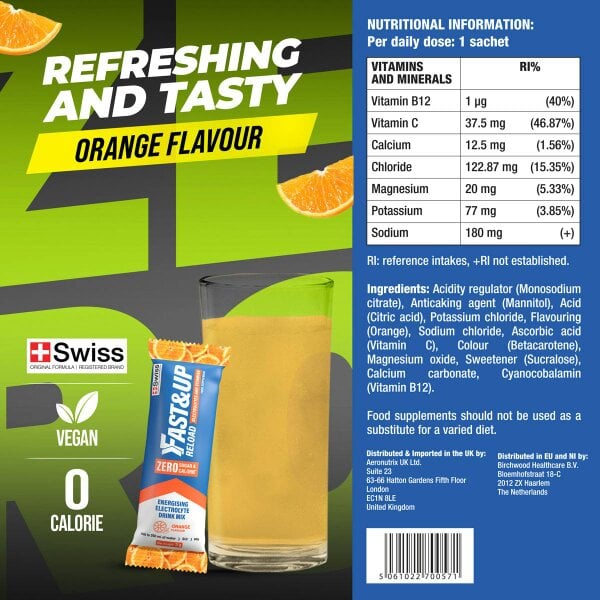 Reload Zero Stick Pack - Energizing Electrolyte Drink Mix for Instant Hydration - Orange Flavour, 15 Sachets