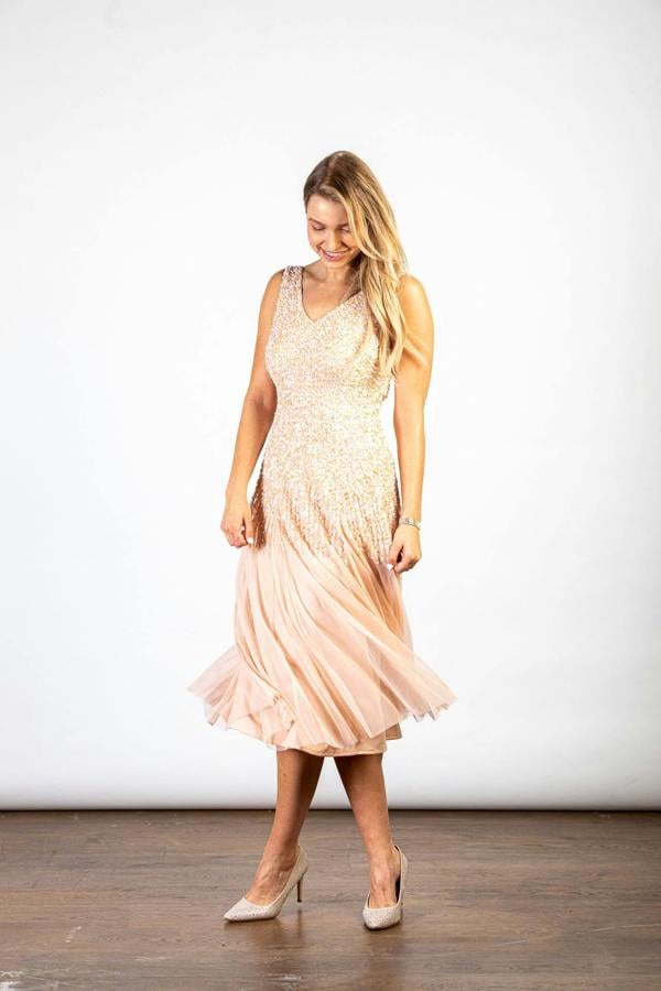 LuvForever Peach  Sequin Embellished V- Neck  Midi Dress
