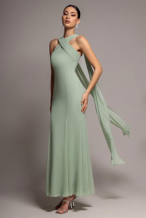 Cross Front Scarf Back Chiffon Mermaid Maxi Dress - Sage Green DR4831