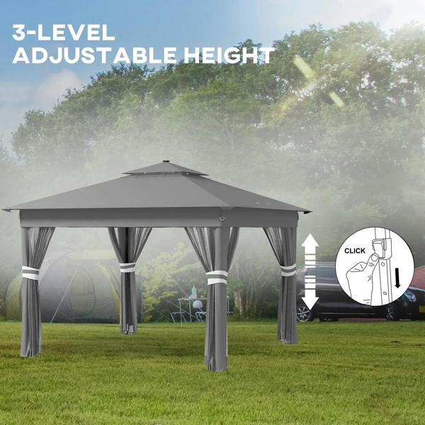 Grey gazebo tent with 3-level adjustable height and hanging curtains around open sides