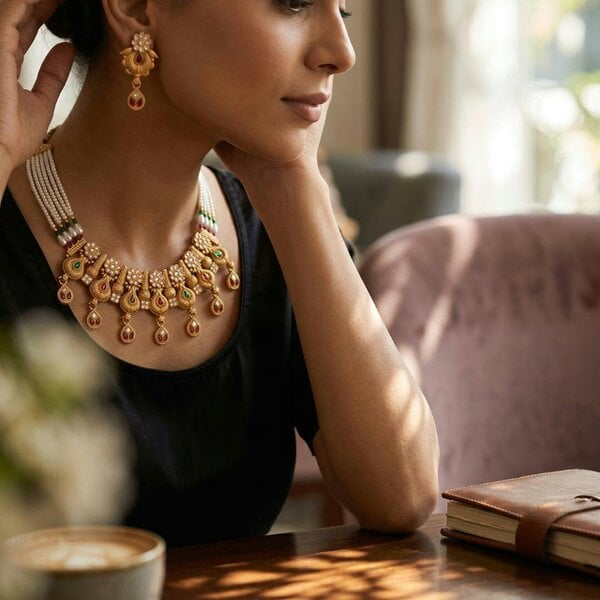 The Colourful Aura Gold Antique Kundan Paisley Choker Necklace Set with Pearl Chain and Earrings