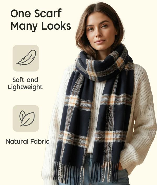 VIA MONTEN Women’s Vintage Plaid Scarf, Oversized Winter Wrap Shawl with Fringe for Cold Weather